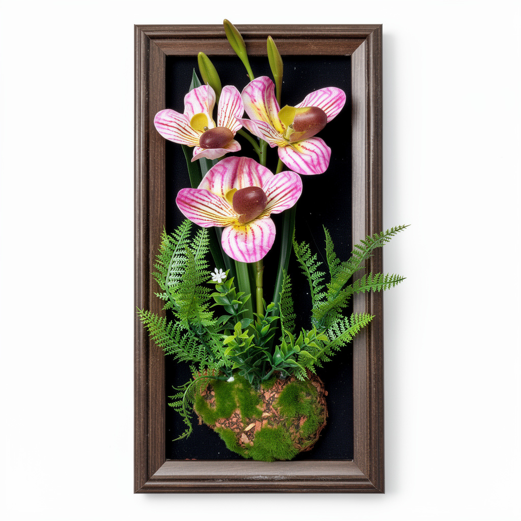 Tablou decorativ cu aranjament floral artificial tip orhidee, rama lemnoasa, 25 x 45 cm - 3