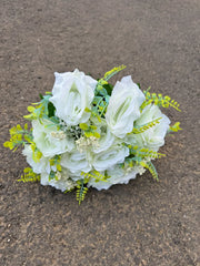 Buchet artificial cu trandafiri roz și frunze decorative, 18 capete, 40 cm, Ruyidecor