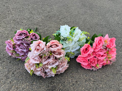 Buchet artificial cu trandafiri roz și frunze decorative, 18 capete, 40 cm, Ruyidecor