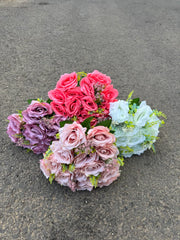 Buchet artificial cu trandafiri roz și frunze decorative, 18 capete, 40 cm, Ruyidecor