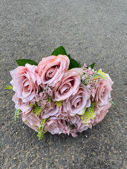 Buchet artificial cu trandafiri roz și frunze decorative, 18 capete, 40 cm, Ruyidecor