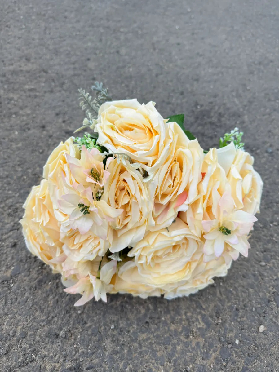 Buchet artificial cu flori albe și frunze decorative, 18 capete, 40 cm, Ruyidecor