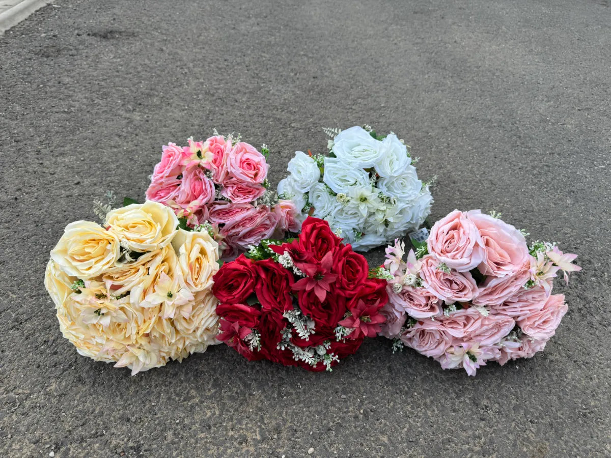 Buchet artificial cu flori albe și frunze decorative, 18 capete, 40 cm, Ruyidecor