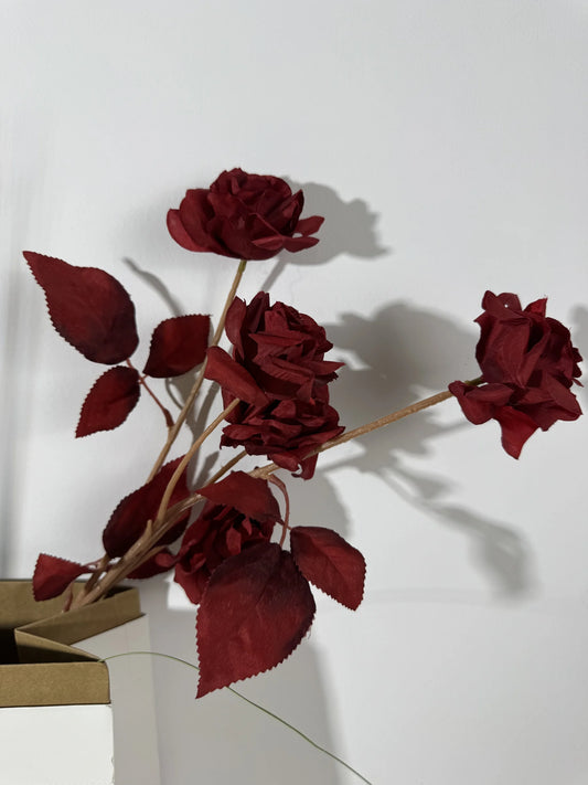 Trandafir artificial cu tija, 5 flori, 85 cm, bordo, Ruyidecor